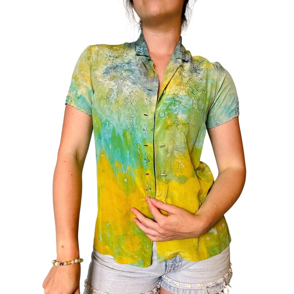 Hand Dyed Green Yellow Silk Vintage Blouse Embroidered Short Sleeve Small